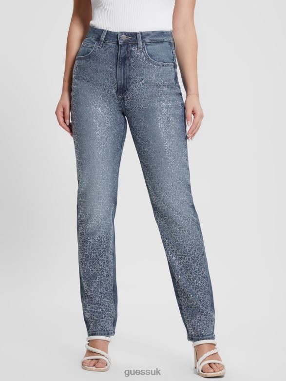 GUESS Women Rhinestone Quattro G Mom Jeans The Journey Apparel V28V625