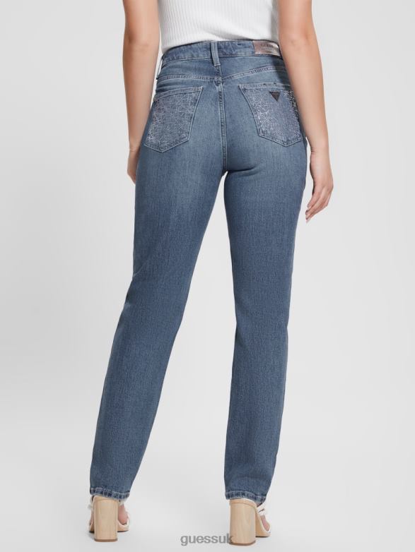 GUESS Women Rhinestone Quattro G Mom Jeans The Journey Apparel V28V625