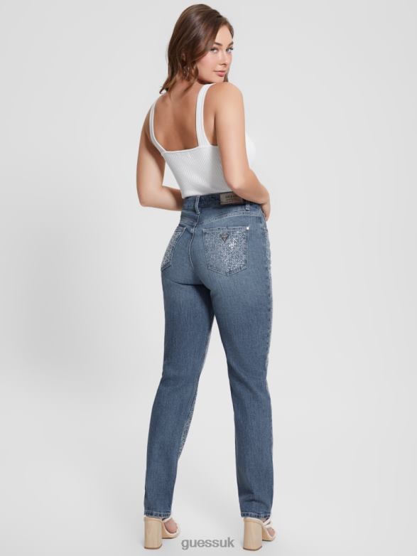 GUESS Women Rhinestone Quattro G Mom Jeans The Journey Apparel V28V625