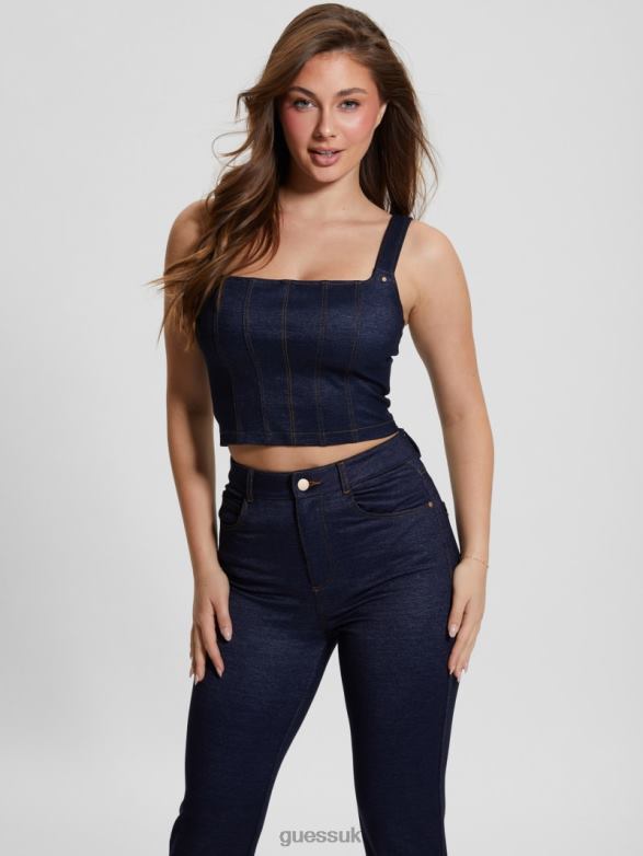 GUESS Women Selene Denim Corset Crop Top Blue Denim Apparel V28V673