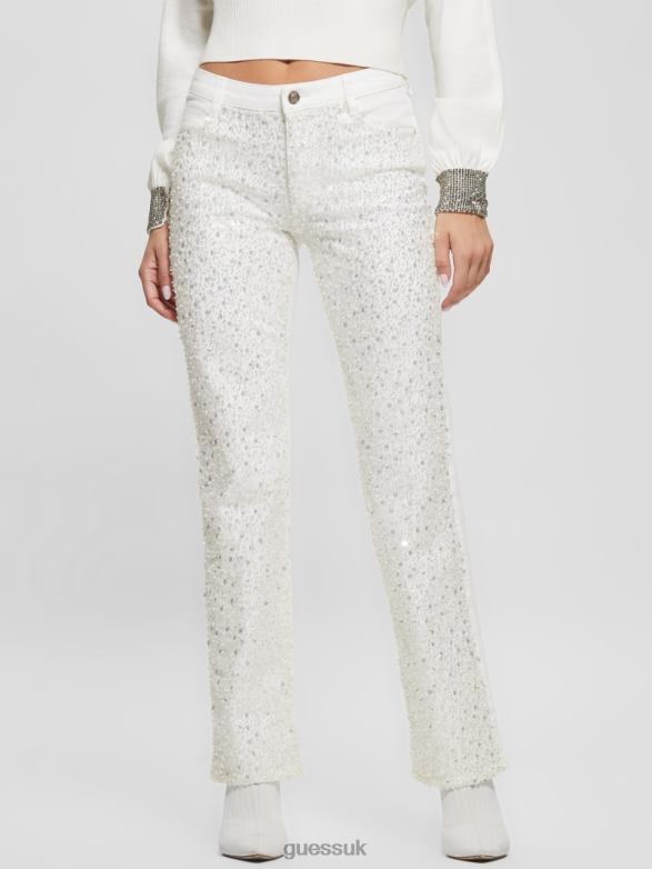 GUESS Women Sequin Sexy Straight Pants Pure White Multi Apparel V28V6273