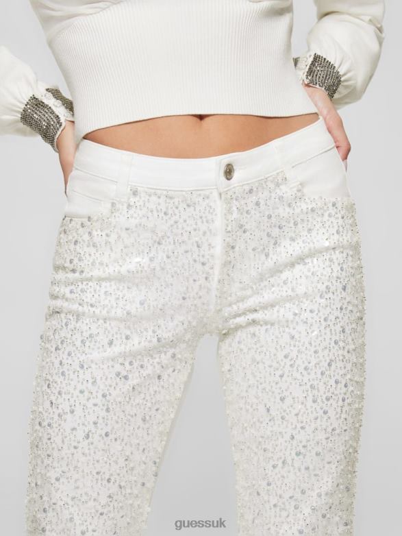 GUESS Women Sequin Sexy Straight Pants Pure White Multi Apparel V28V6273