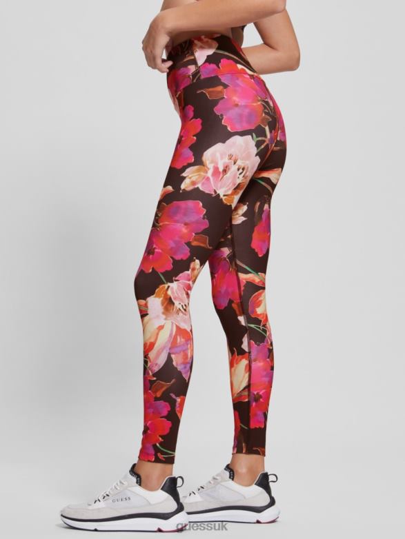 GUESS Women Eco Corine Floral Active Leggings Pink And Black Macro Flow Apparel V28V62332