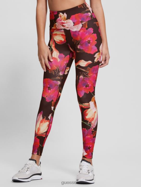 GUESS Women Eco Corine Floral Active Leggings Pink And Black Macro Flow Apparel V28V62332