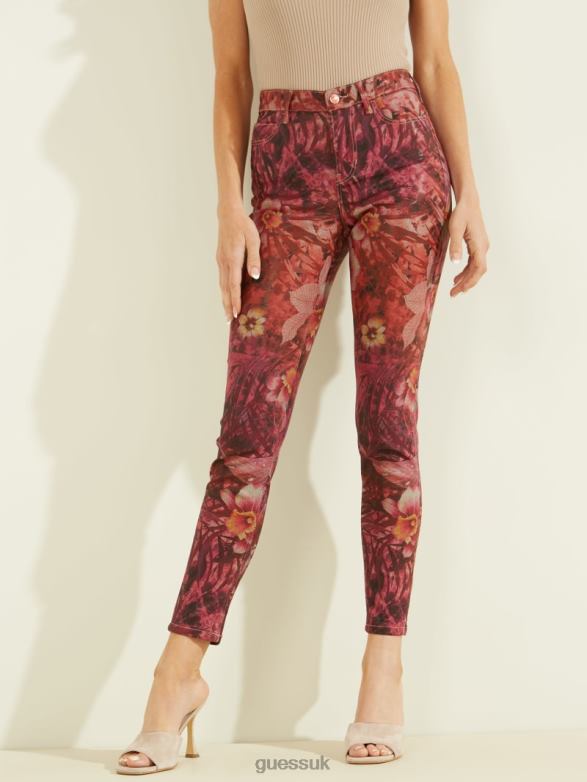 GUESS Women 1981 Tropic Skinny Pants Batik Tropical Print Pink Apparel V28V6256