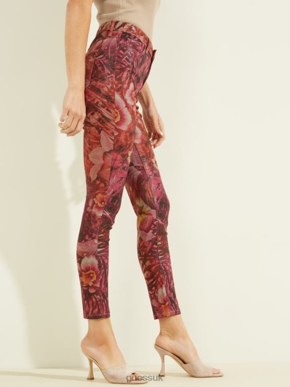 GUESS Women 1981 Tropic Skinny Pants Batik Tropical Print Pink Apparel V28V6256