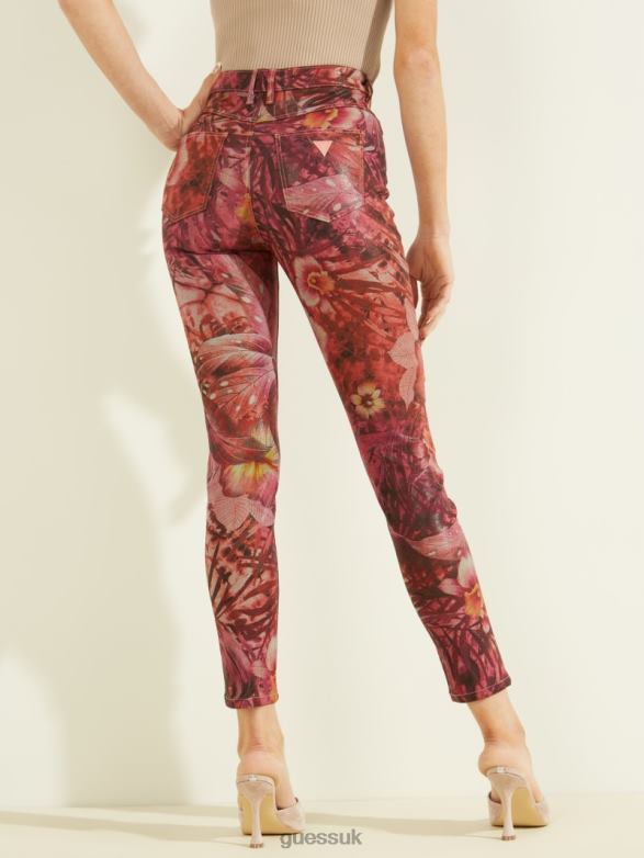 GUESS Women 1981 Tropic Skinny Pants Batik Tropical Print Pink Apparel V28V6256