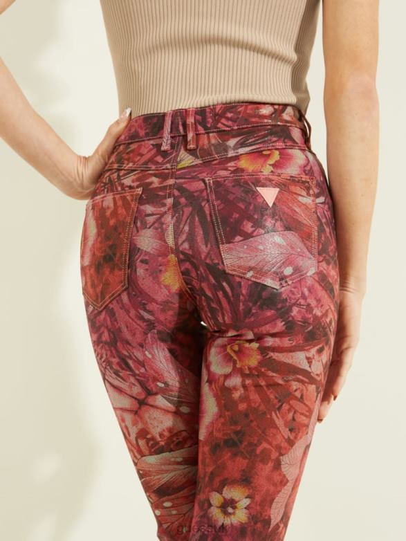 GUESS Women 1981 Tropic Skinny Pants Batik Tropical Print Pink Apparel V28V6256