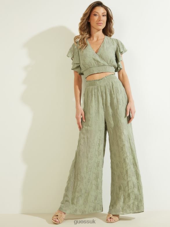 GUESS Women Dexie Embroidered Palazzo Pants Light Matcha Multi Apparel V28V62197