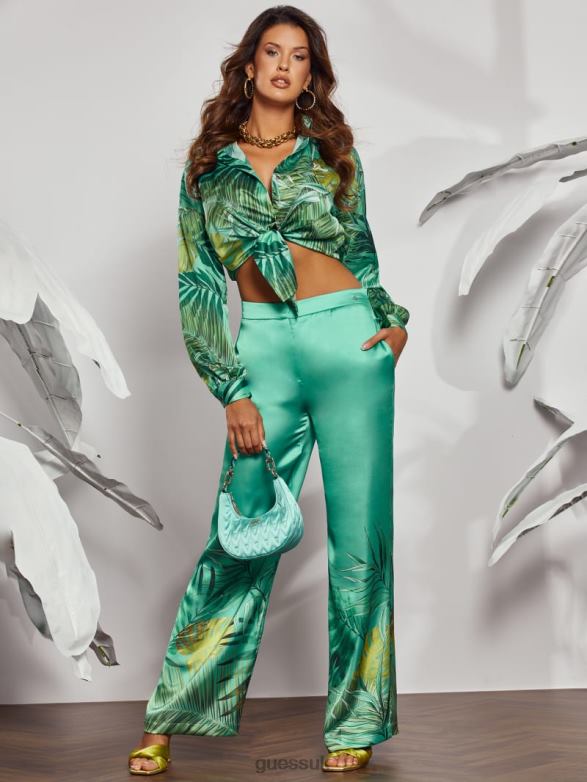 GUESS Women Eco Brisilda Wide-Leg Pants Original Teal Monstera Apparel V28V62143