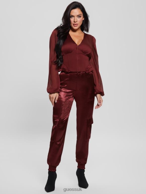 GUESS Women Eco Soundwave Satin Cargo Pants Mystic Wine Apparel V28V62225