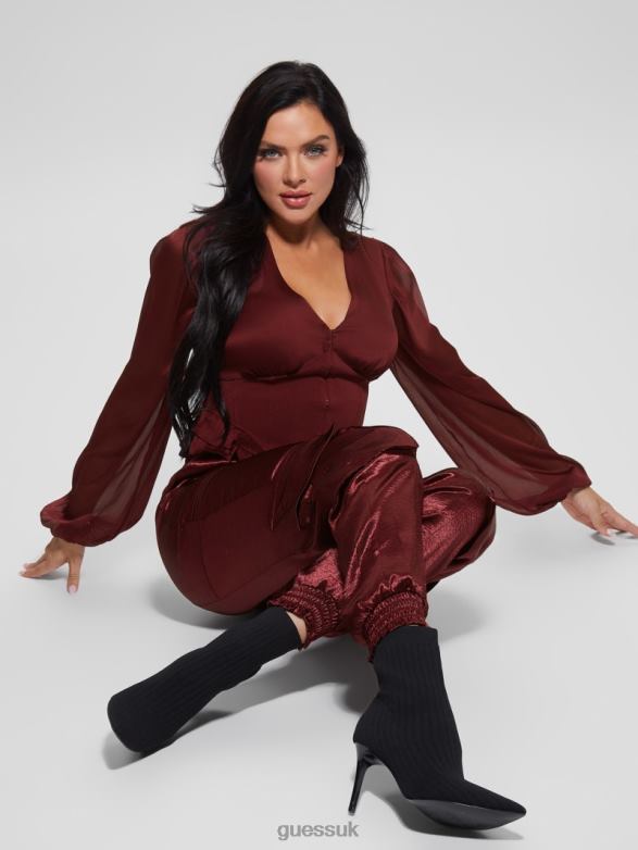 GUESS Women Eco Soundwave Satin Cargo Pants Mystic Wine Apparel V28V62225