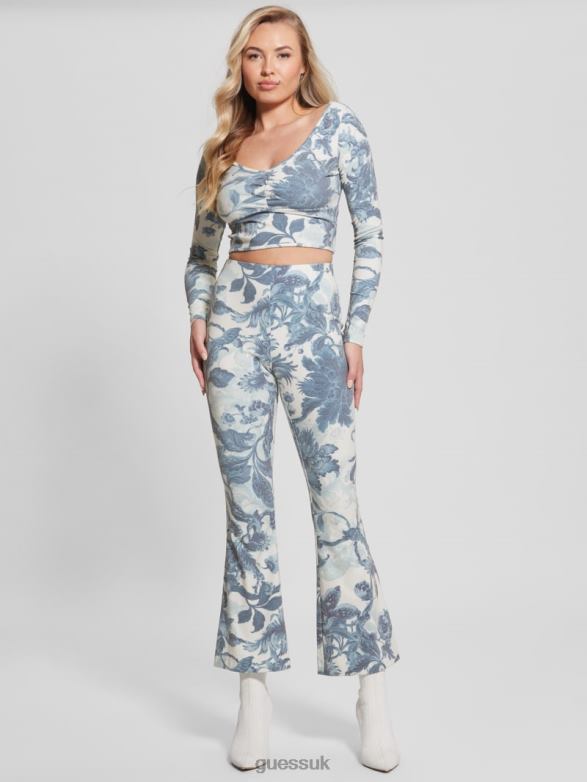 GUESS Women Estefania Floral Flared Pants Porcelain Floral Print Bl Apparel V28V62140