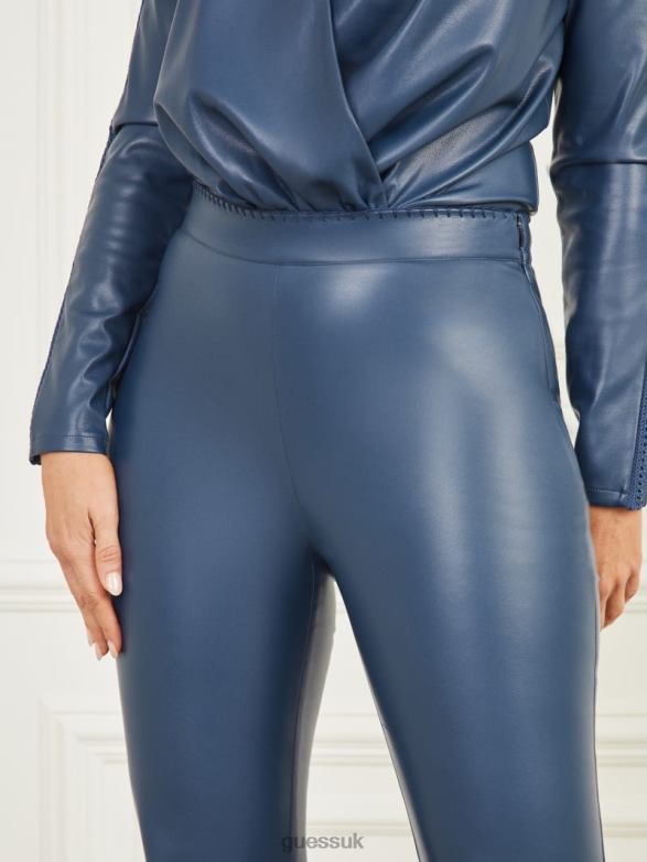 GUESS Women Hype Faux-Leather Flared Pant Dark Denim Apparel V28V62070