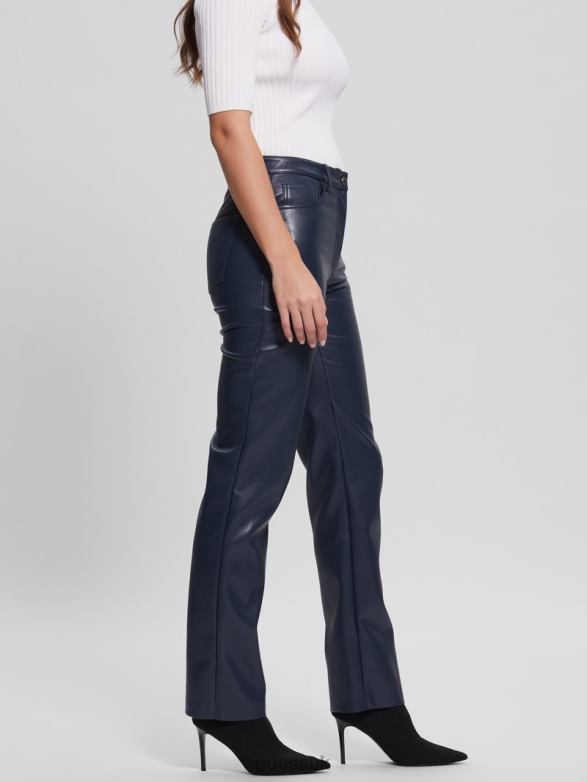 GUESS Women Kelly Faux-Leather Straight Pants Blackened Blue Apparel V28V62294