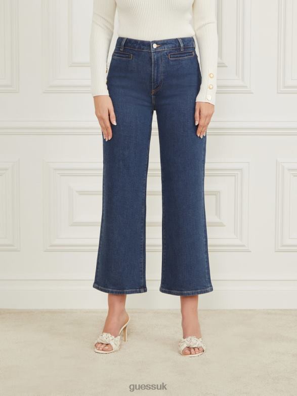 GUESS Women Lyric Wide-Leg Denim Pant Dark Blue Denim Wash Apparel V28V668