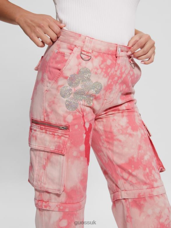 GUESS Women Malia Convertible Wide-Leg Cargo Pants Morning Pink Tie Dye Apparel V28V62044