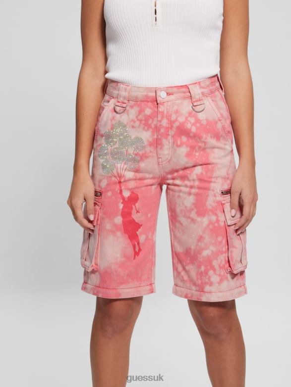 GUESS Women Malia Convertible Wide-Leg Cargo Pants Morning Pink Tie Dye Apparel V28V62044