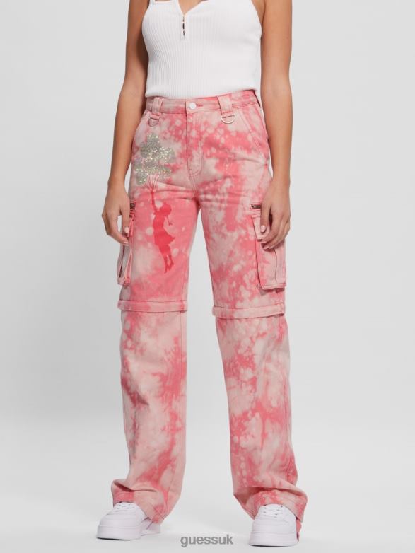 GUESS Women Malia Convertible Wide-Leg Cargo Pants Morning Pink Tie Dye Apparel V28V62044