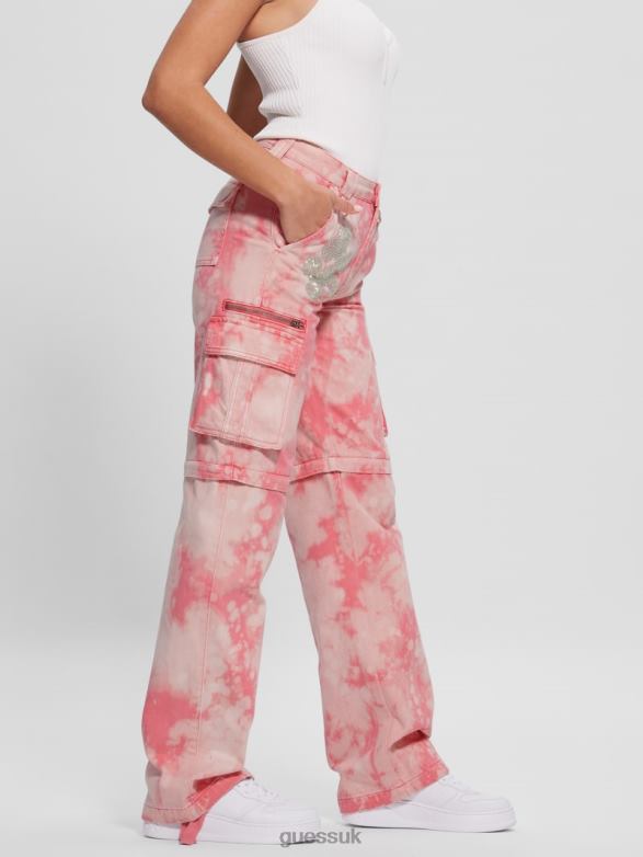GUESS Women Malia Convertible Wide-Leg Cargo Pants Morning Pink Tie Dye Apparel V28V62044