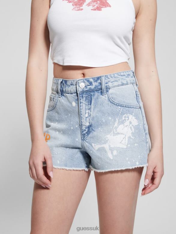 GUESS Women Graphic Splatter Denim Mom Shorts Artist Splash Apparel V28V6143