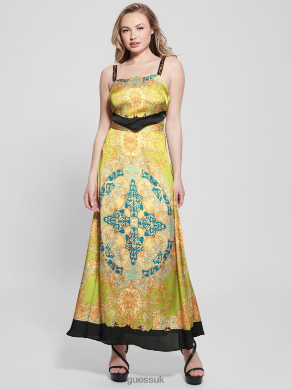 GUESS Women Athena Satin Maxi Skirt Baroque Lime Apparel V28V62018