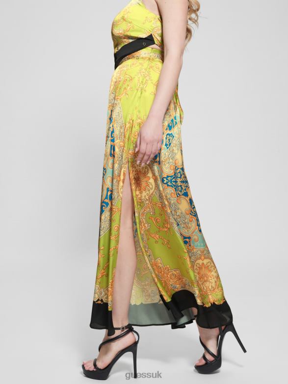 GUESS Women Athena Satin Maxi Skirt Baroque Lime Apparel V28V62018