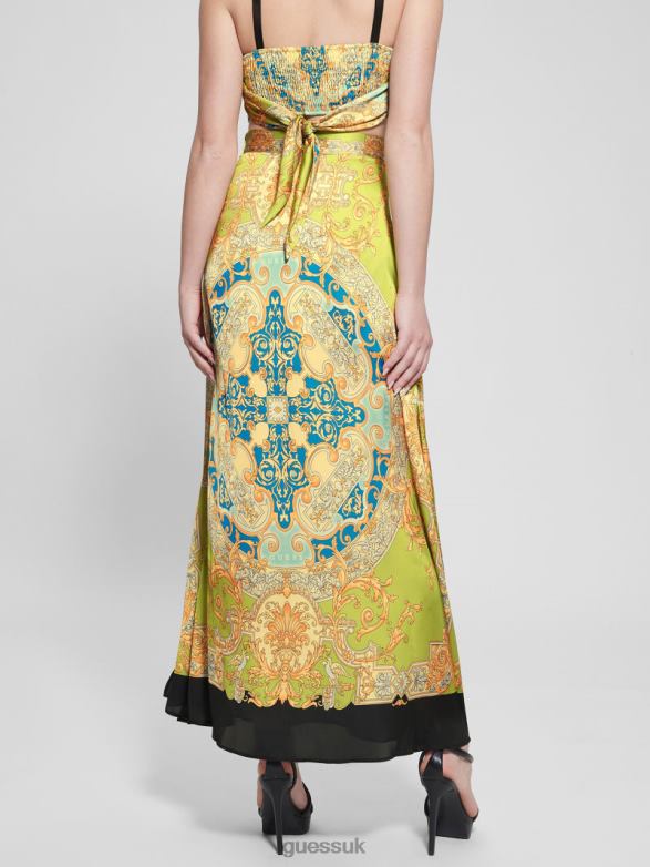 GUESS Women Athena Satin Maxi Skirt Baroque Lime Apparel V28V62018