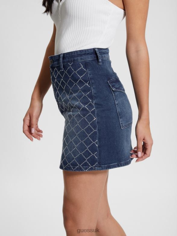 GUESS Women Carlie Diamond Denim Mini Skirt Bling Ocean Apparel V28V630