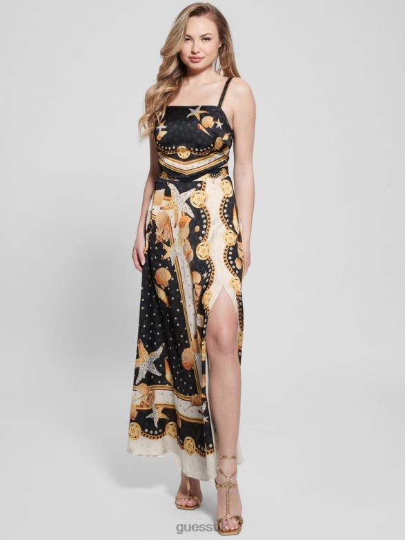 GUESS Women Dora Satin Maxi Skirt Black Shell Print Apparel V28V62026