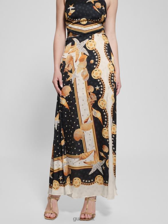 GUESS Women Dora Satin Maxi Skirt Black Shell Print Apparel V28V62026