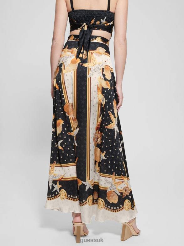 GUESS Women Dora Satin Maxi Skirt Black Shell Print Apparel V28V62026