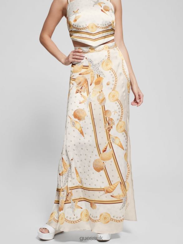 GUESS Women Dora Satin Maxi Skirt Multi Shell Print Apparel V28V62005