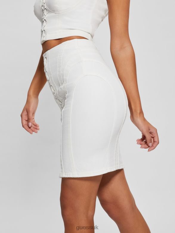 GUESS Women Eco Cecila Lace-Up Denim Skirt Pure White Apparel V28V6111