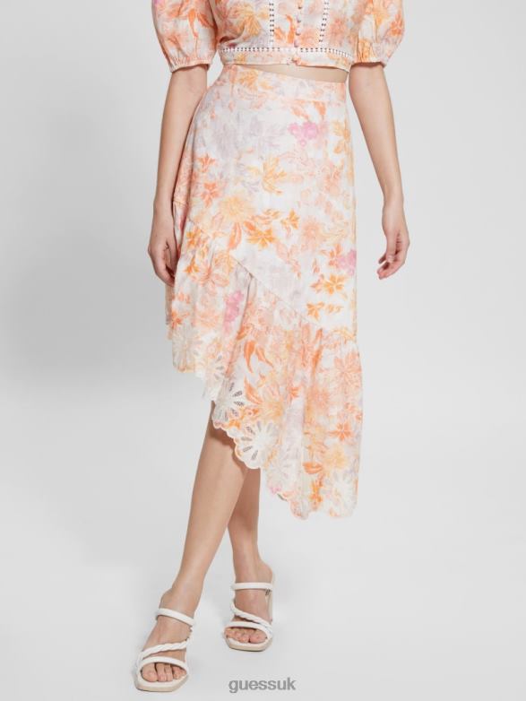 GUESS Women Eco Devi Asymmetrical Skirt Tangerine Bloom Apparel V28V62007