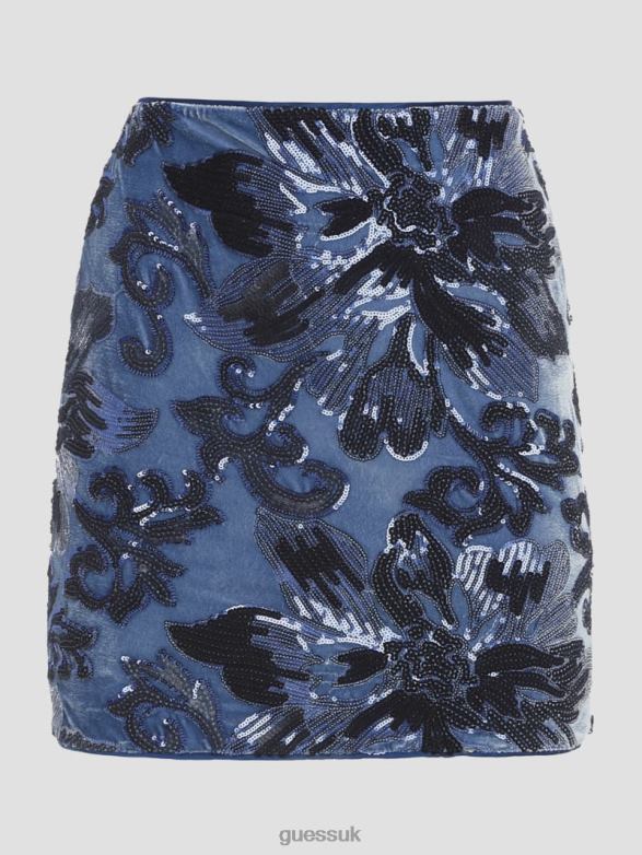GUESS Women Ernesta Embellished Velvet Skirt Flower Blue Sequins Apparel V28V62342