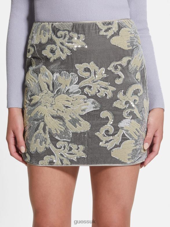 GUESS Women Ernesta Embellished Velvet Skirt Flower Sequins Embro Silver Apparel V28V62398