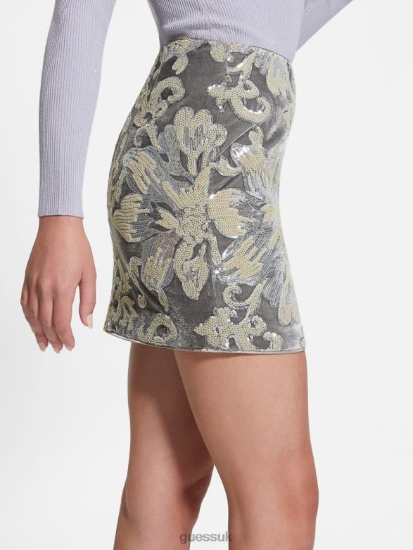 GUESS Women Ernesta Embellished Velvet Skirt Flower Sequins Embro Silver Apparel V28V62398
