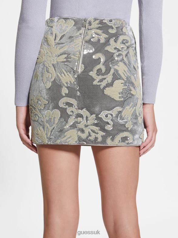 GUESS Women Ernesta Embellished Velvet Skirt Flower Sequins Embro Silver Apparel V28V62398