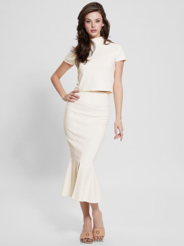 GUESS Women Longuette Flounce Skirt Cream White Apparel V28V61999