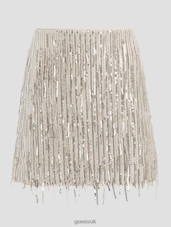 GUESS Women Mia Fringe Sequin Skirt Off White Multi Apparel V28V62426