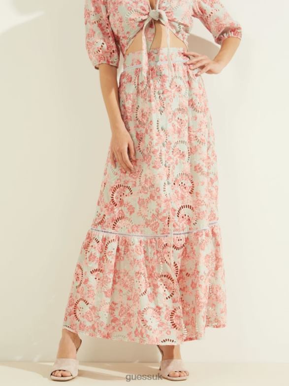 GUESS Women Smeralda Skirt Sunset Bloom Print Coral Apparel V28V62403