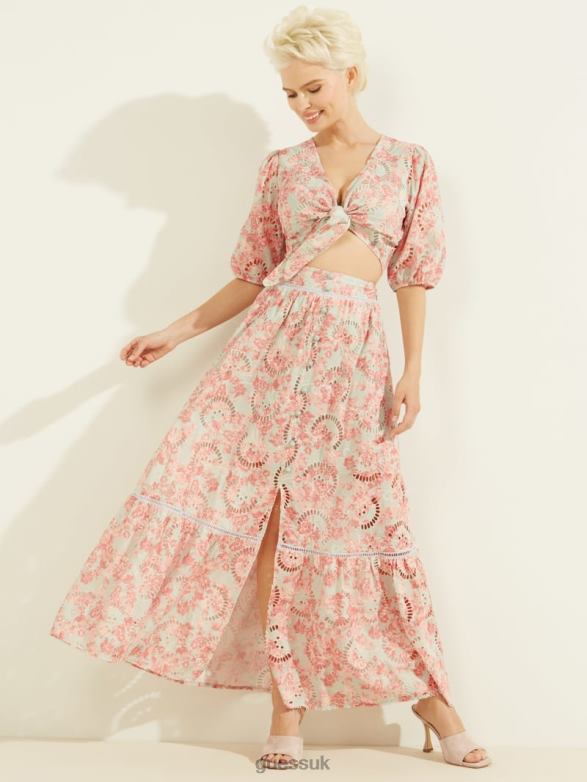 GUESS Women Smeralda Skirt Sunset Bloom Print Coral Apparel V28V62403