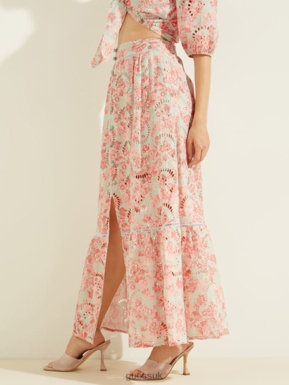 GUESS Women Smeralda Skirt Sunset Bloom Print Coral Apparel V28V62403
