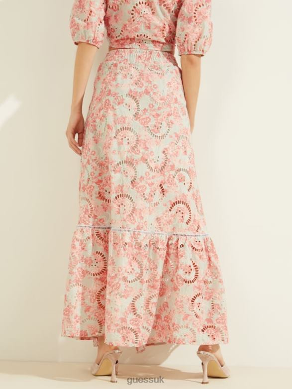 GUESS Women Smeralda Skirt Sunset Bloom Print Coral Apparel V28V62403