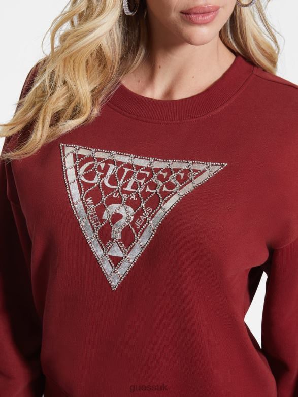 GUESS Women Crystal Mesh Logo Sweatshirt Beet Juice Red Apparel V28V61708