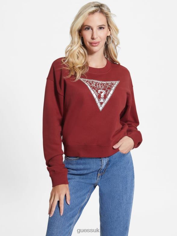 GUESS Women Crystal Mesh Logo Sweatshirt Beet Juice Red Apparel V28V61708