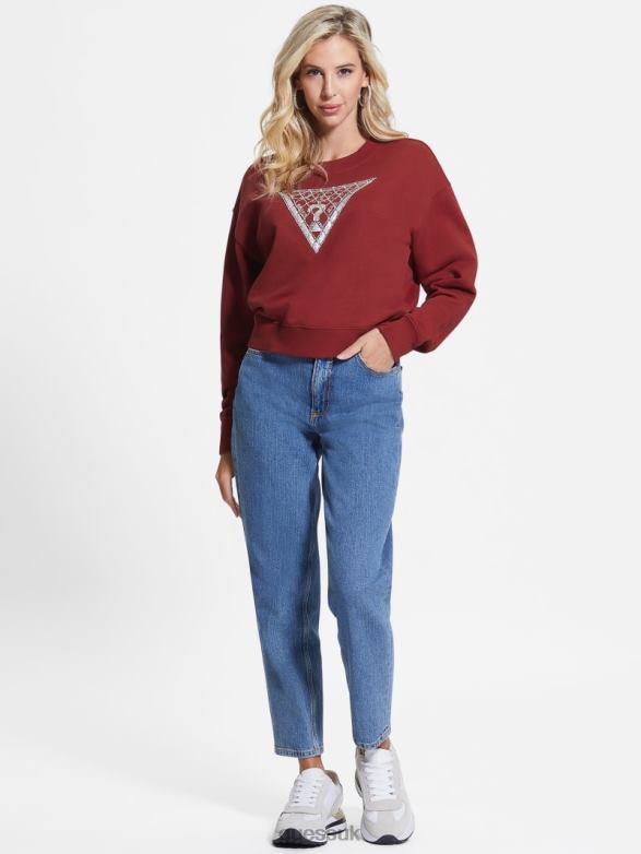 GUESS Women Crystal Mesh Logo Sweatshirt Beet Juice Red Apparel V28V61708