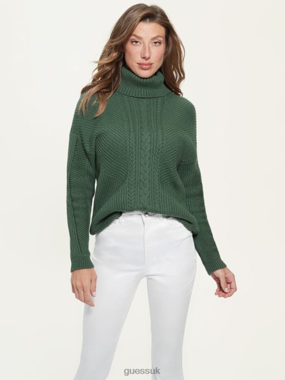 GUESS Women Dawna Cable-Knit Turtleneck Sweater Moss Mat Apparel V28V61551