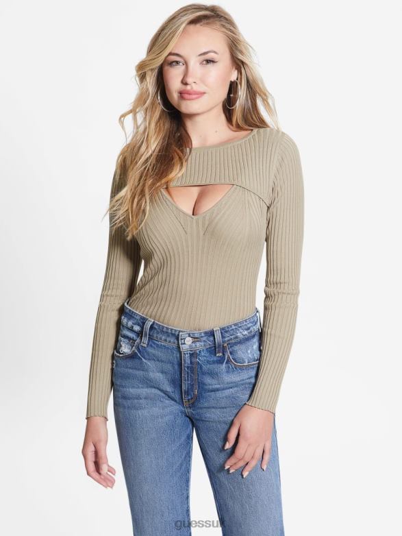 GUESS Women Eco Marion Silk-Blend Cutout Sweater Sage Leaf Apparel V28V61431